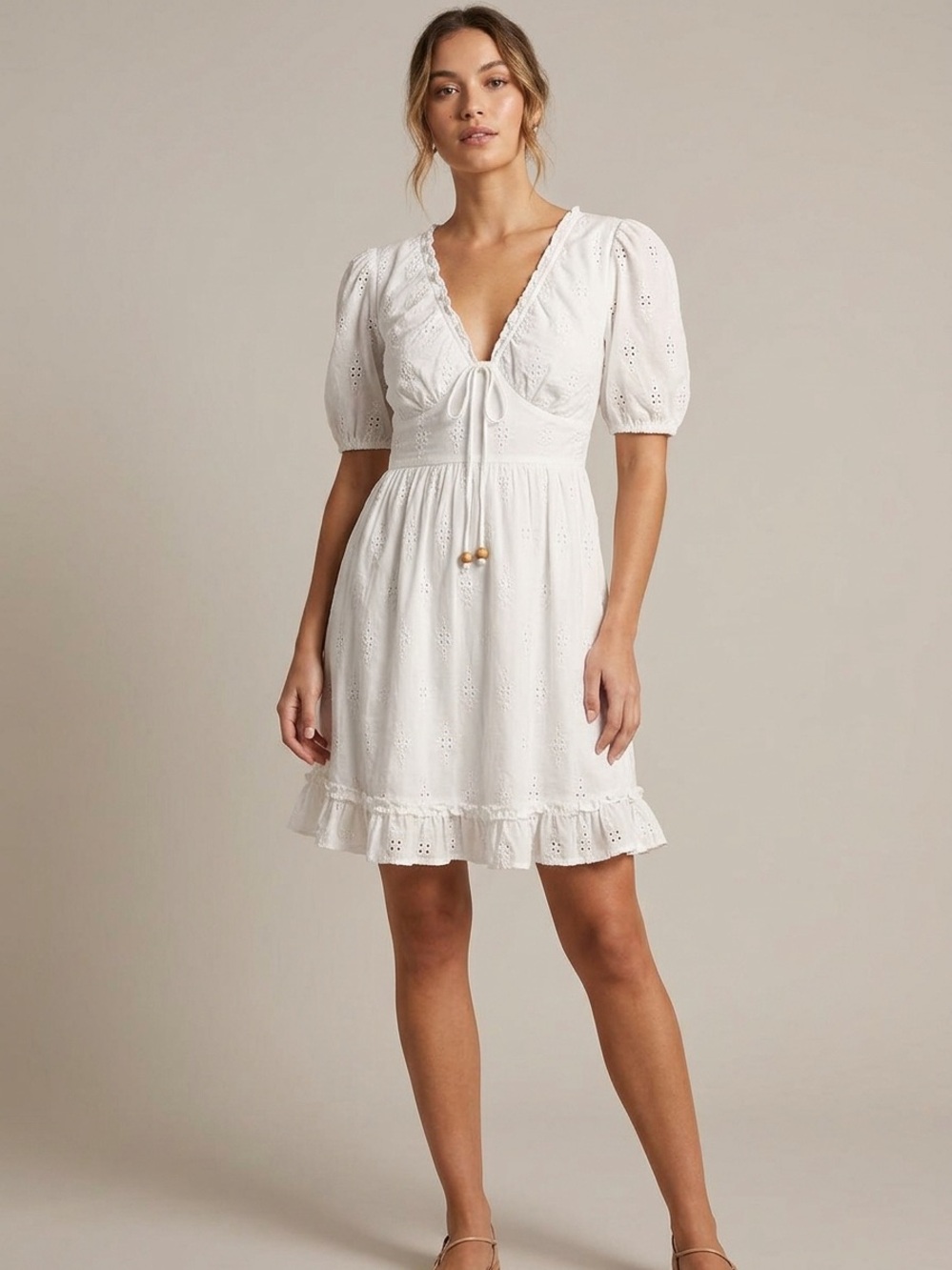Japna White Eyelet Tie-Front Mini Dress with Puff Sleeves